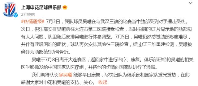 bob半岛体育平台-申花官方:吴曦肋部第9肋骨骨折 返回家中治疗康复
